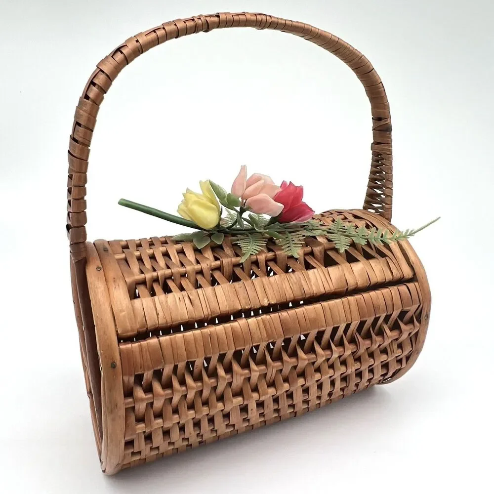 Vintage Wicker Basket Handbag Floral Accent Purse Cottagecore Garden Party 1950s
